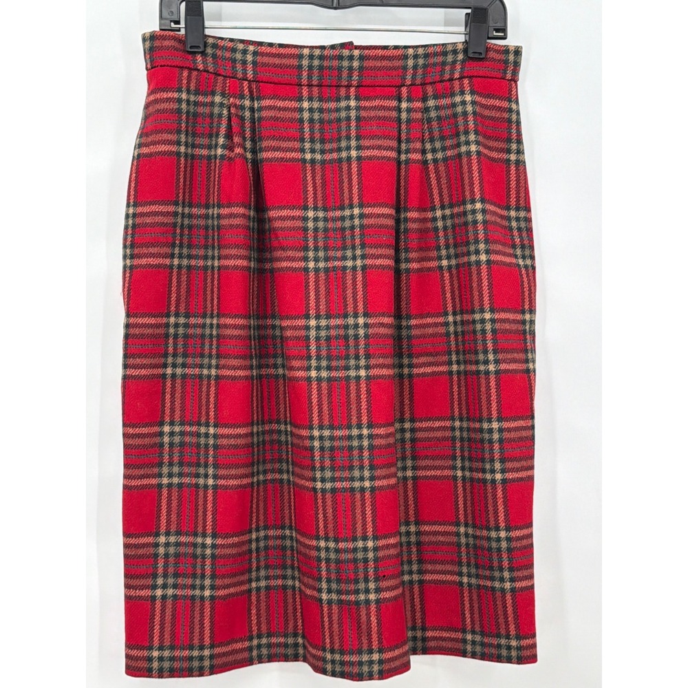Charter Club Vtg Red Tartan Plaid Wool Pencil Skirt Pleated Sz 12 USA Preppy